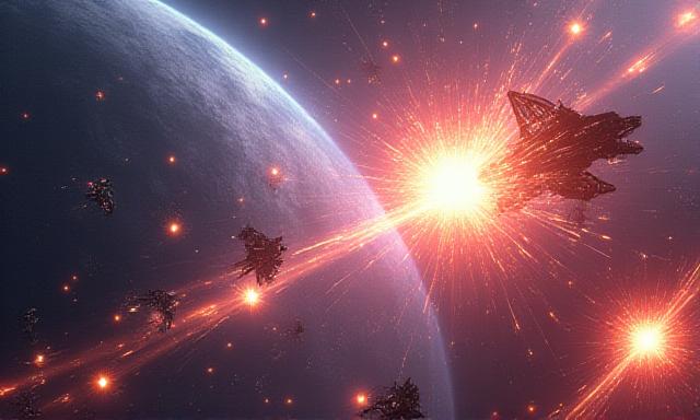 Escena épica de batalla espacial animada en 3D